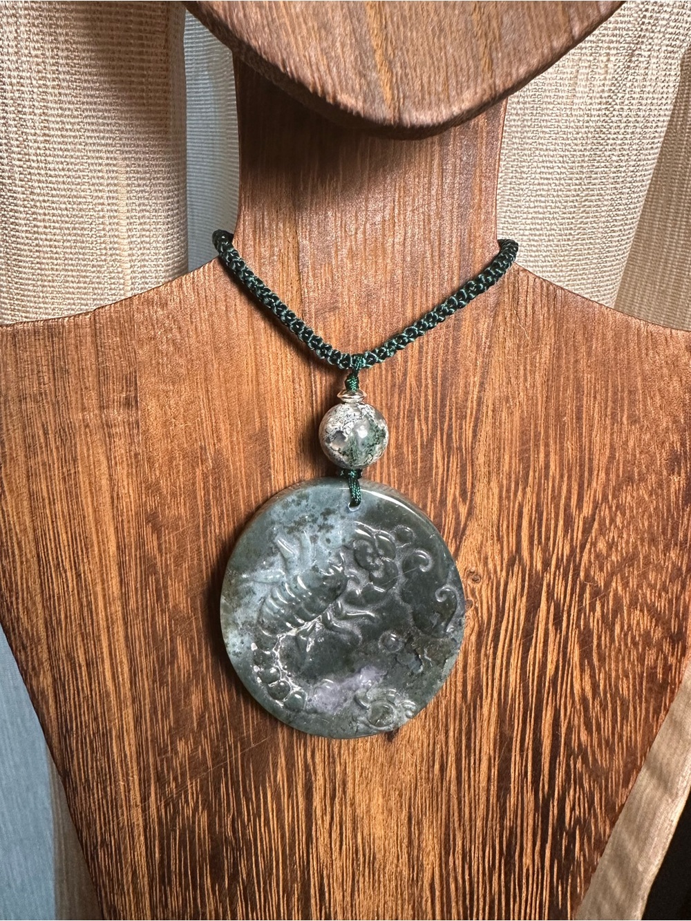 Moss Agate Scorpion Pendant Necklace on Green Rope - Picture 3 of 13